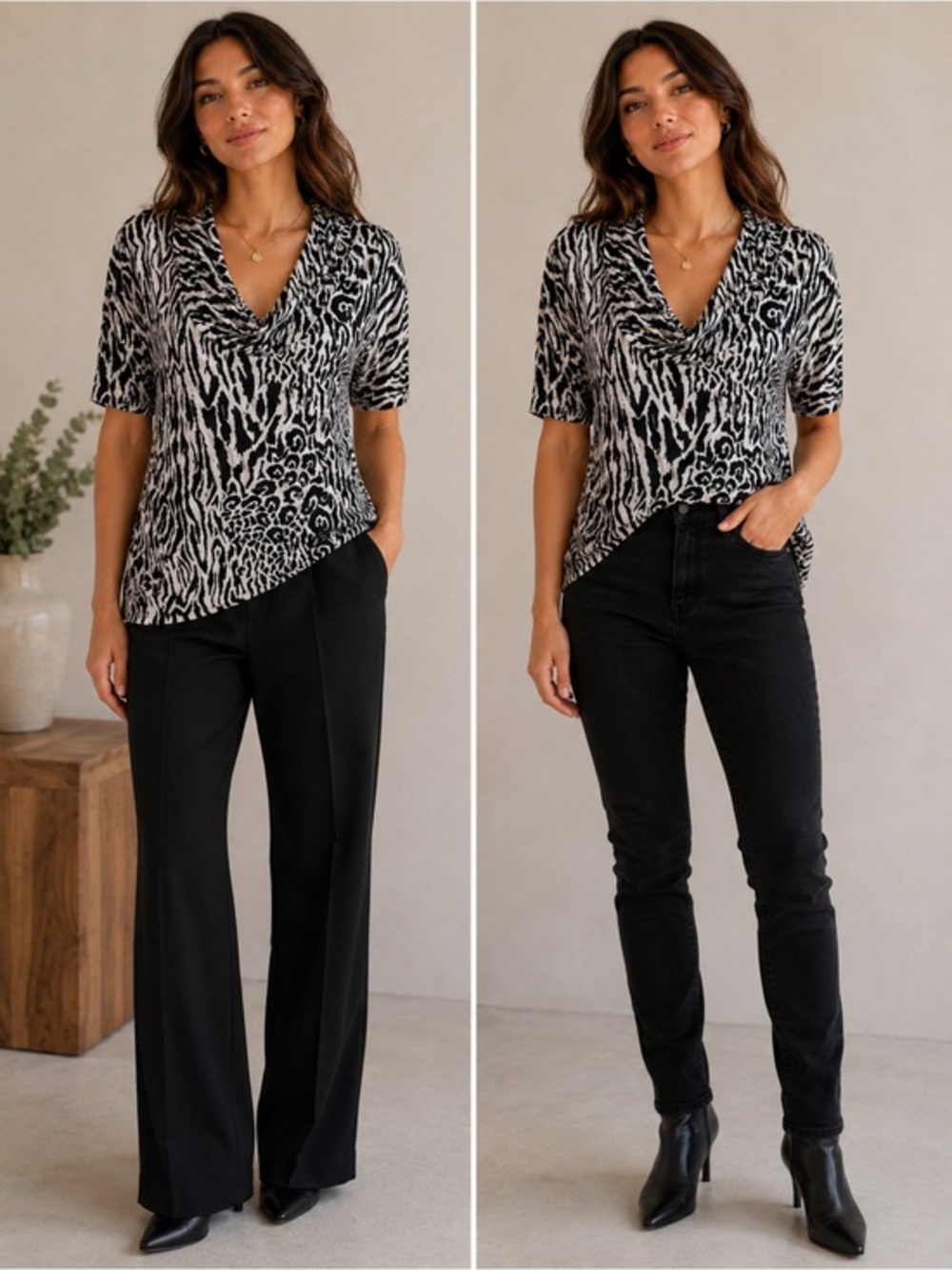 Cable & Gauge Top Zebra Print w/swoop neck Like New Size M